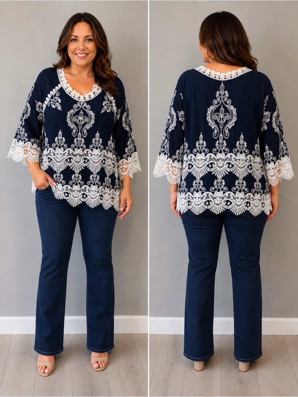 Lace Trim V-Neck Navy Top with White Embroidery Size - Picture 2 of 6